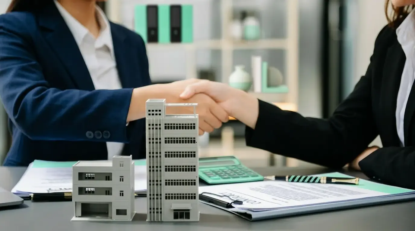 Two professionals in business attire shake hands across a desk with a miniature commercial building model, a contract, and a green calculator, representing a commercial real estate loan agreement being finalized.