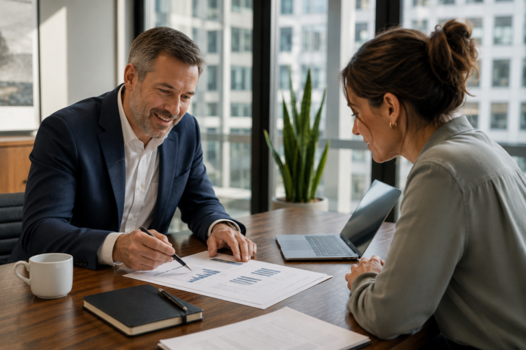 Two business professionals reviewing financial documents during a commercial refinance cash-out meeting in a modern office with natural light and a laptop on the table.