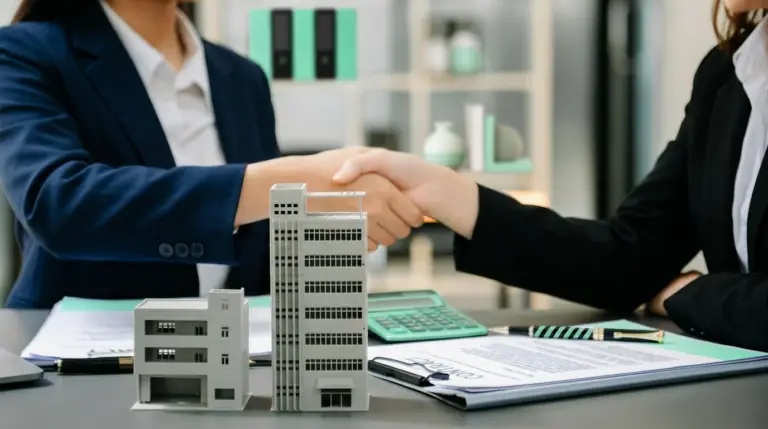 Two professionals in business attire shake hands across a desk with a miniature commercial building model, a contract, and a green calculator, representing a commercial real estate loan agreement being finalized.